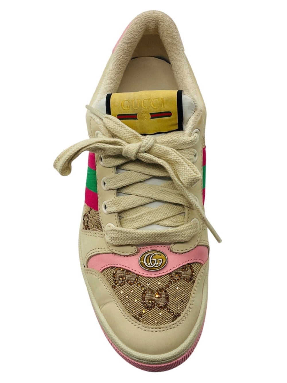 GUCCI BEIGE / DARK BROWN / PINK GG CRYSTAL SCREENER SNEAKER - Picture 4 of 7
